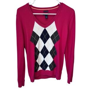 Tommy Hilfiger Argyle Plaid Sweater  Women’s Medium Pink Pima Cotton Preppy